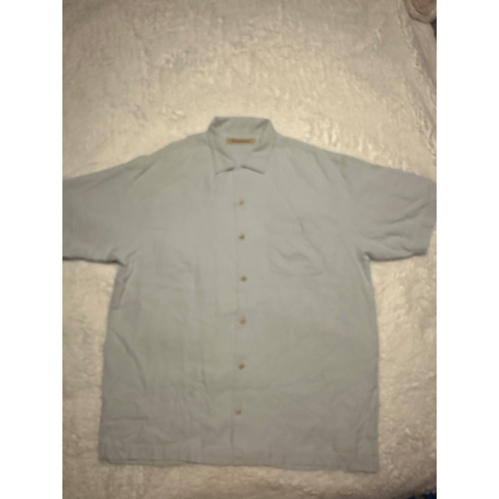 Tommy Bahama Shirt Mens Medium Blue 100% Silk Short Sleeve Button Up Textured